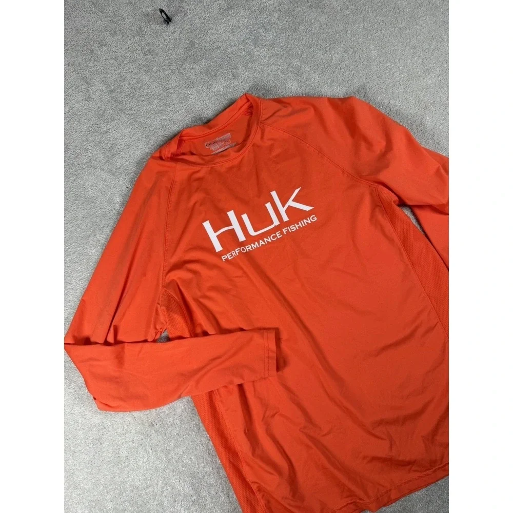 Huk‎ Performance Fishing Shirt Mens S Orange Long Sleeve UPF Polyester Beach Sun